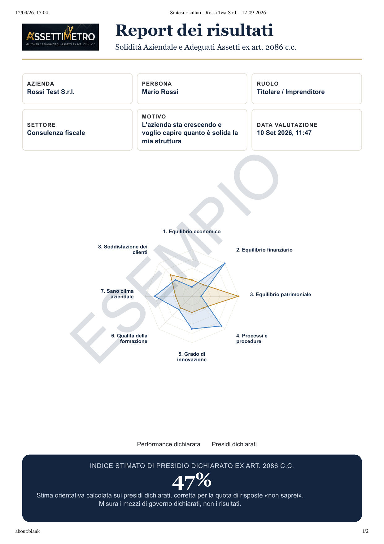 Report AssettiMetro di esempio, pagina 1 di 2: radar delle 8 aree e indice di presidio
